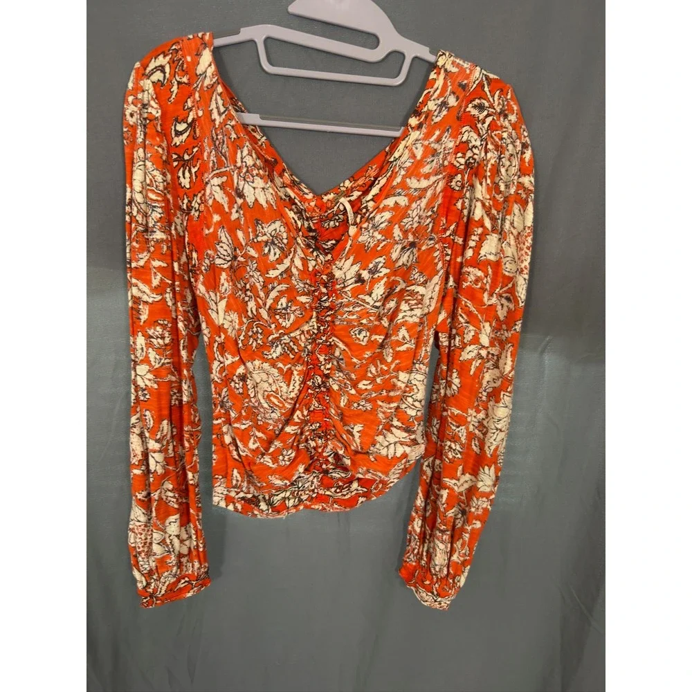 Free People Orange Floral Ruched V-Neck Long Sleeve Top Size M Bohemian
